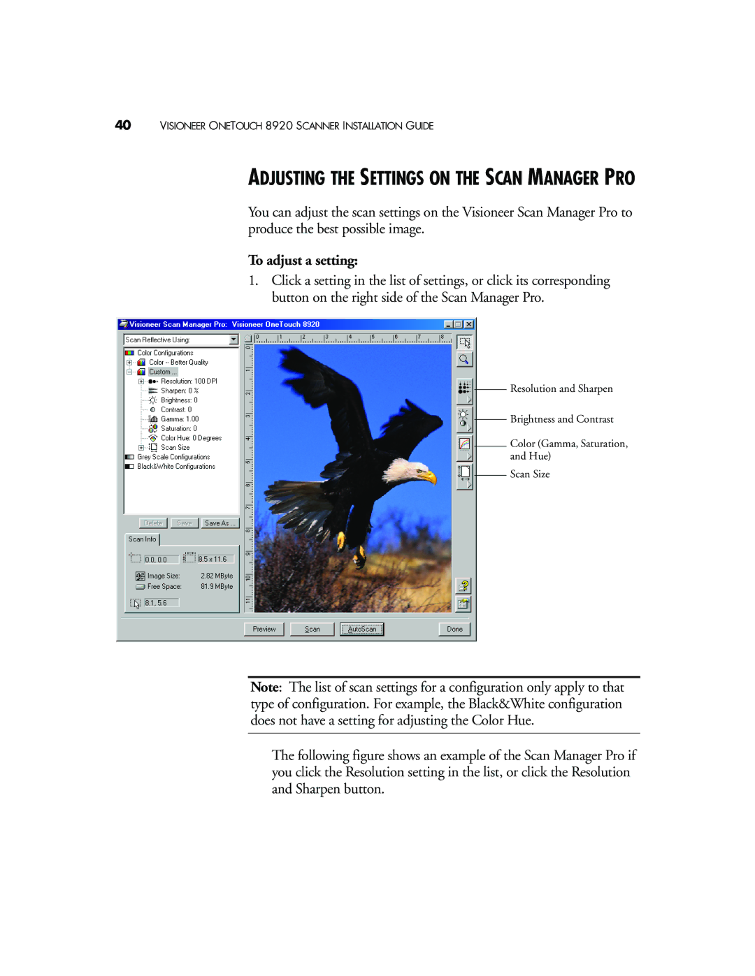 Visioneer 8920 manual Adjusting the Settings on the Scan Manager PRO, To adjust a setting 