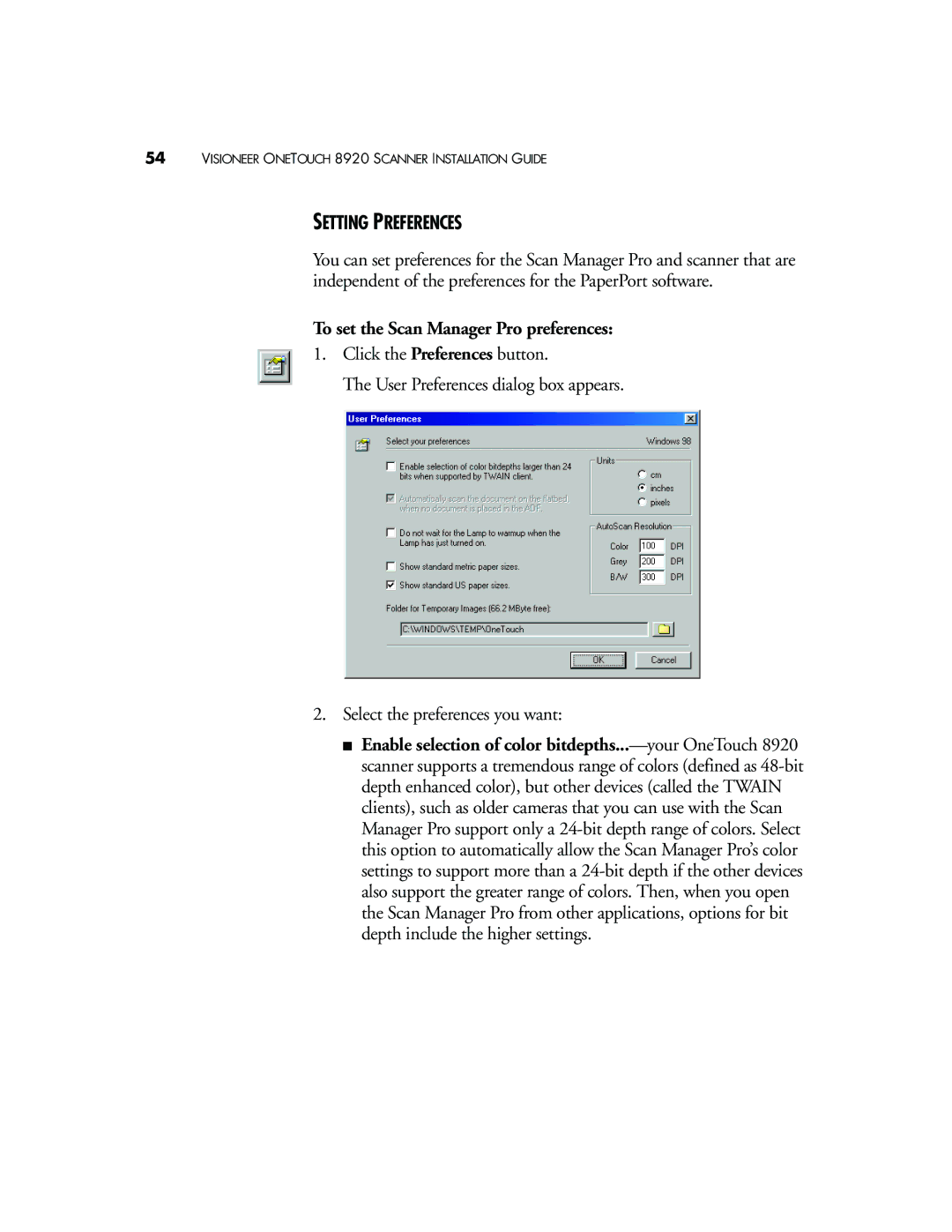 Visioneer 8920 manual Setting Preferences, To set the Scan Manager Pro preferences 