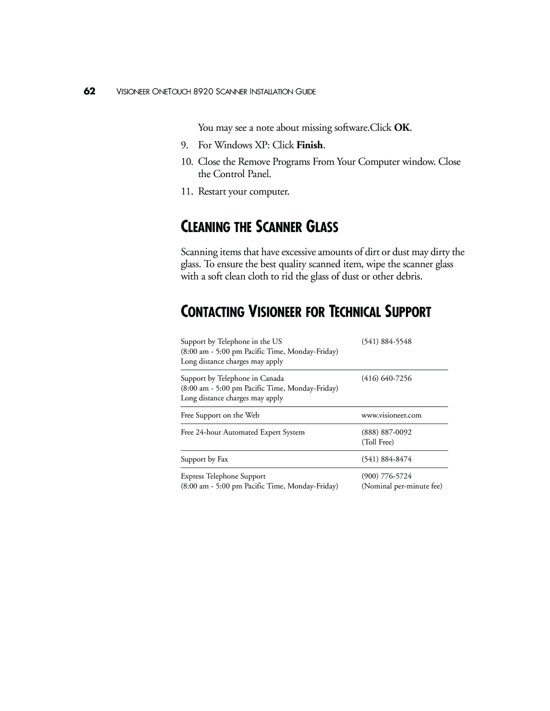 Visioneer 8920 manual Cleaning the Scanner Glass, Contacting Visioneer for Technical Support 