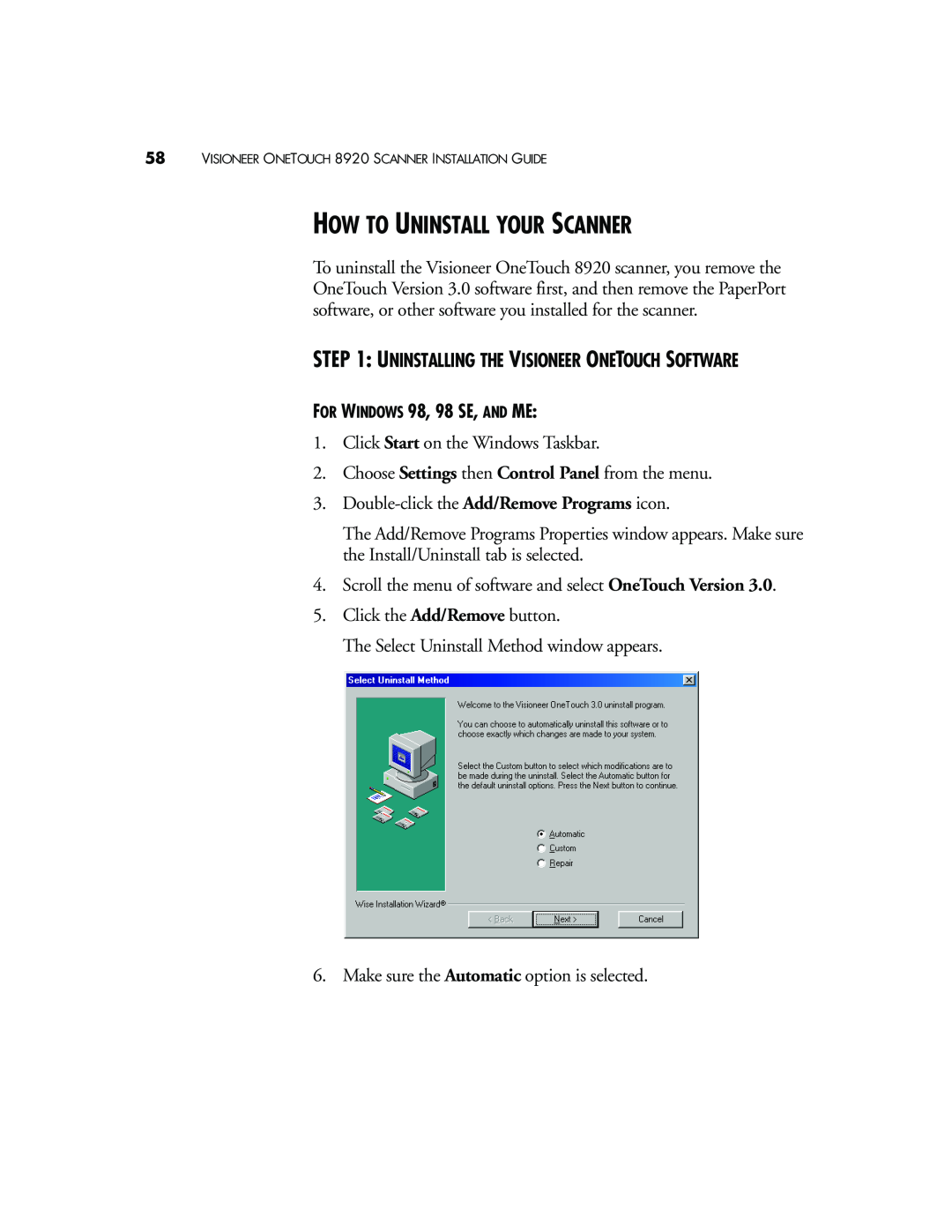 Visioneer 8920 manual How To Uninstall Your Scanner, FOR WINDOWS 98, 98 SE, AND ME 