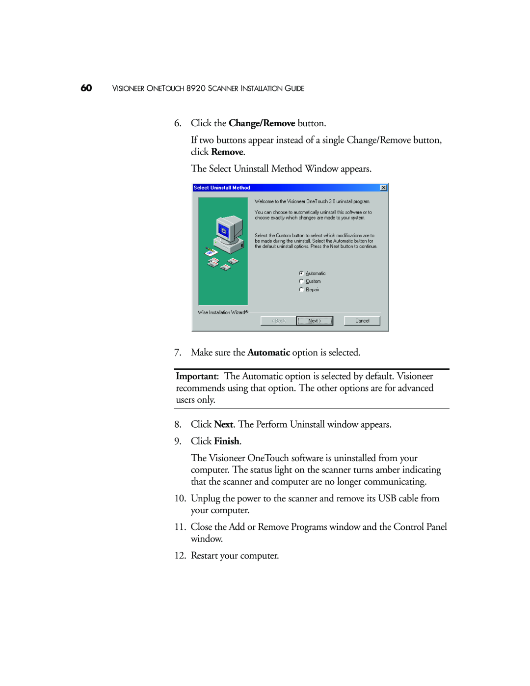 Visioneer manual VISIONEER ONETOUCH 8920 SCANNER INSTALLATION GUIDE 