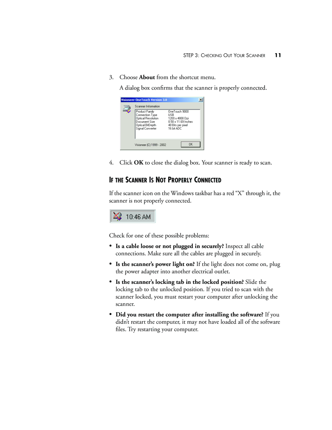 Visioneer 9000 manual If the Scanner is not Properly Connected 