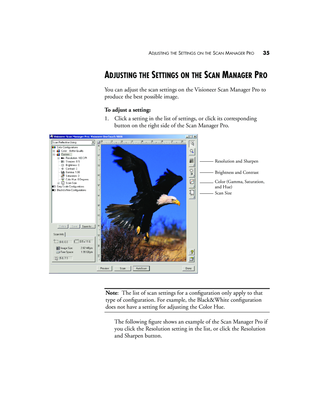 Visioneer 9000 manual Adjusting the Settings on the Scan Manager PRO, To adjust a setting 