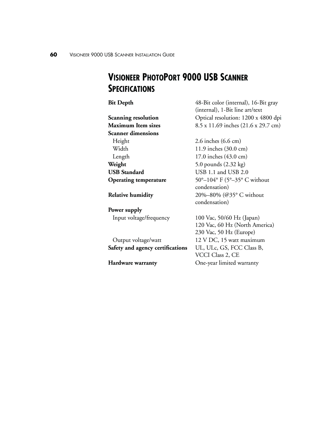 Visioneer manual Visioneer Photoport 9000 USB Scanner Specifications 