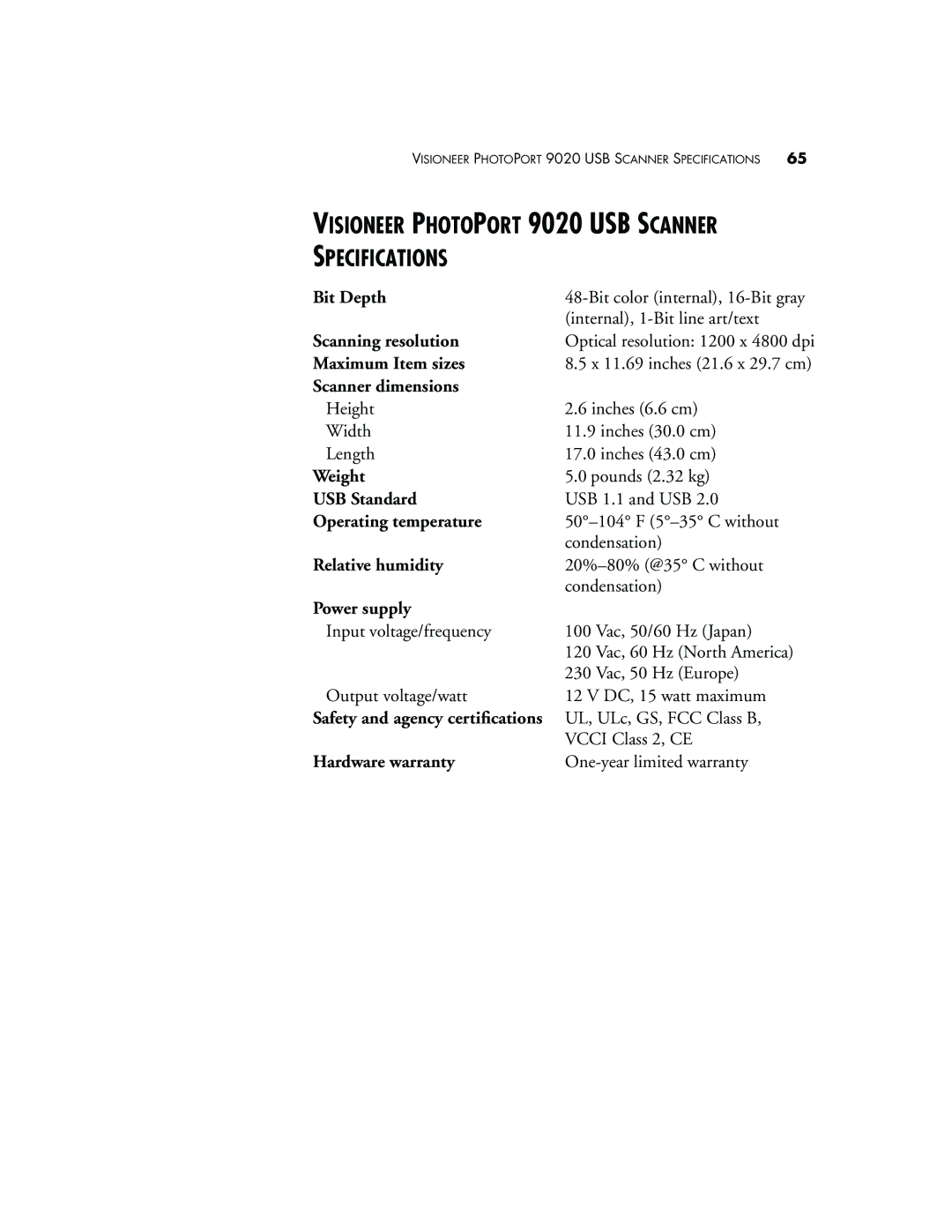 Visioneer manual Visioneer Photoport 9020 USB Scanner Specifications 