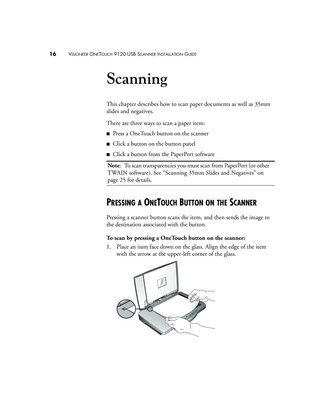 Visioneer 9120 manual Scanning, To scan by pressing a OneTouch button on the scanner 