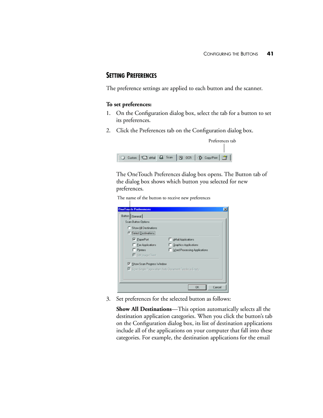 Visioneer 9120 manual Setting Preferences, To set preferences 