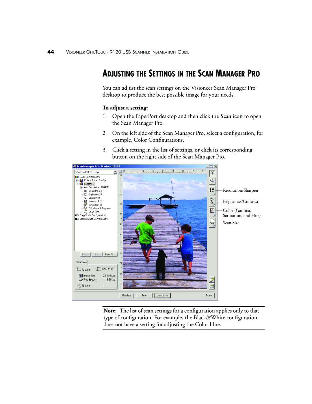 Visioneer 9120 manual Adjusting the Settings in the Scan Manager PRO, To adjust a setting 