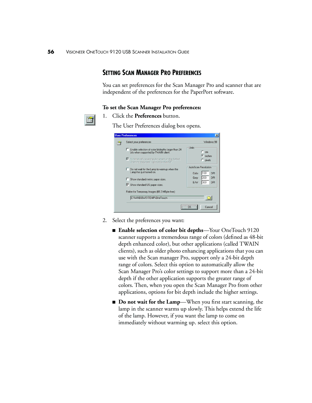 Visioneer 9120 manual Setting Scan Manager PRO Preferences, To set the Scan Manager Pro preferences 