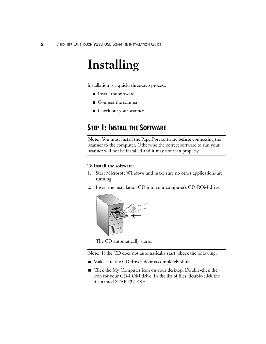 Visioneer 9220 manual Install the Software, To install the software 