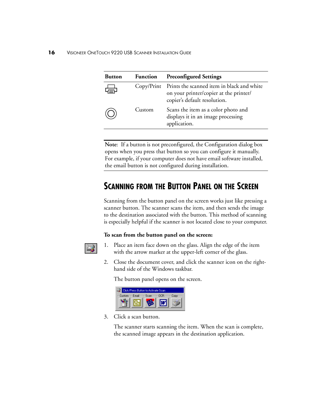 Visioneer 9220 manual Scanning from the Button Panel on the Screen, To scan from the button panel on the screen 