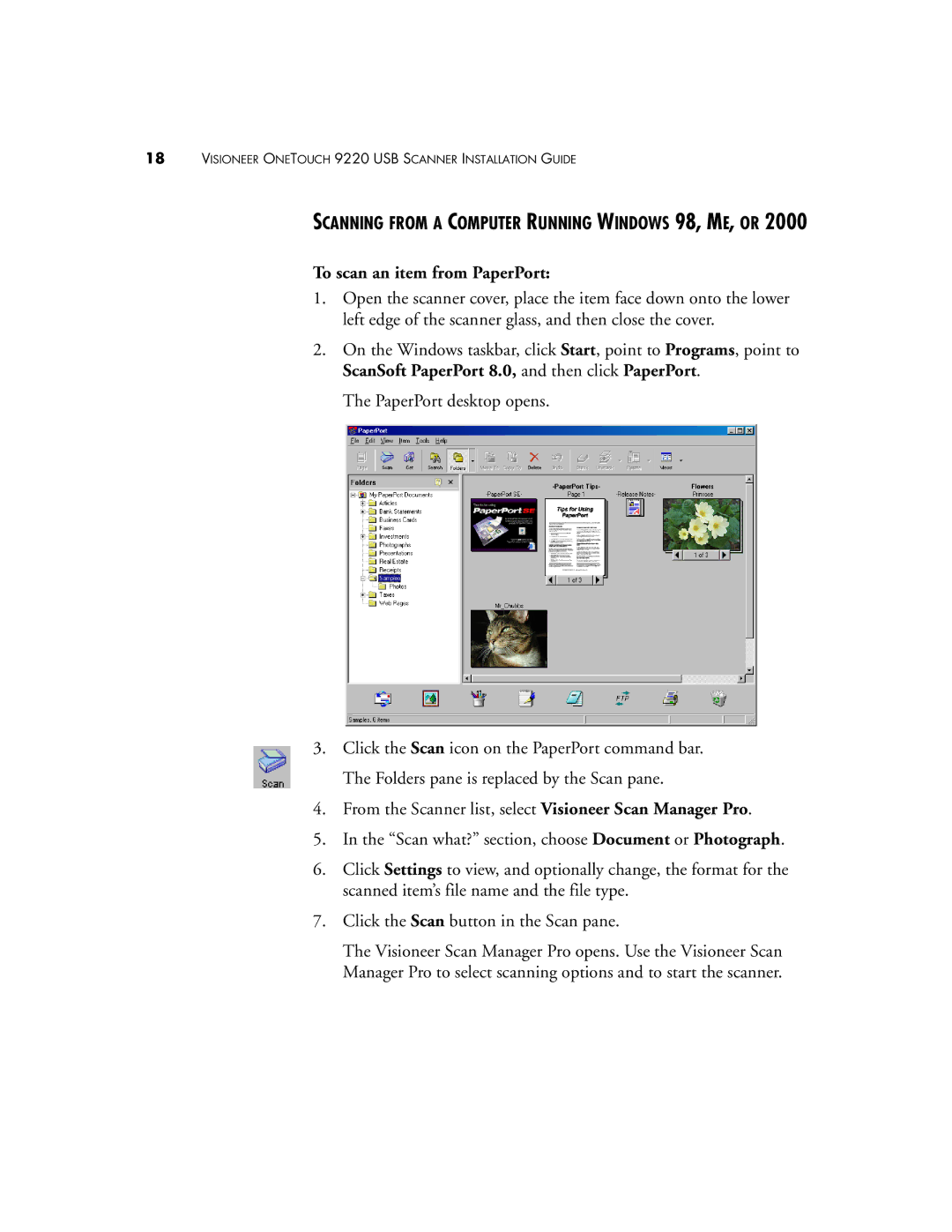 Visioneer 9220 manual Scanning from a Computer Running Windows 98, ME, or, To scan an item from PaperPort 