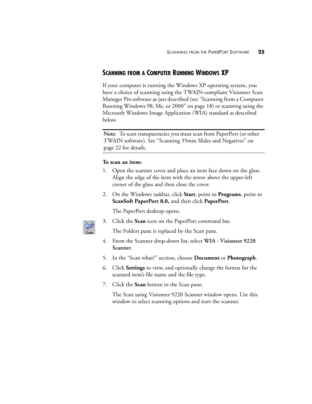 Visioneer 9220 manual Scanning from a Computer Running Windows XP, To scan an item 