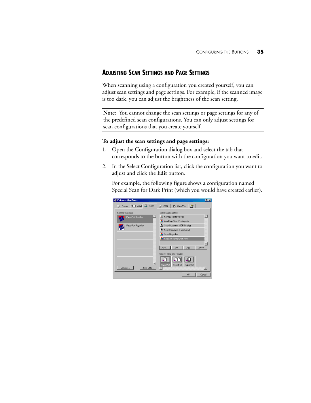 Visioneer 9220 manual Adjusting Scan Settings and page Settings, To adjust the scan settings and page settings 