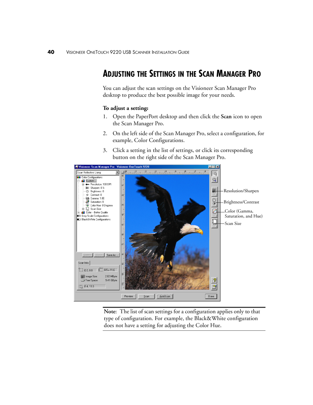 Visioneer 9220 manual Adjusting the Settings in the Scan Manager PRO, To adjust a setting 