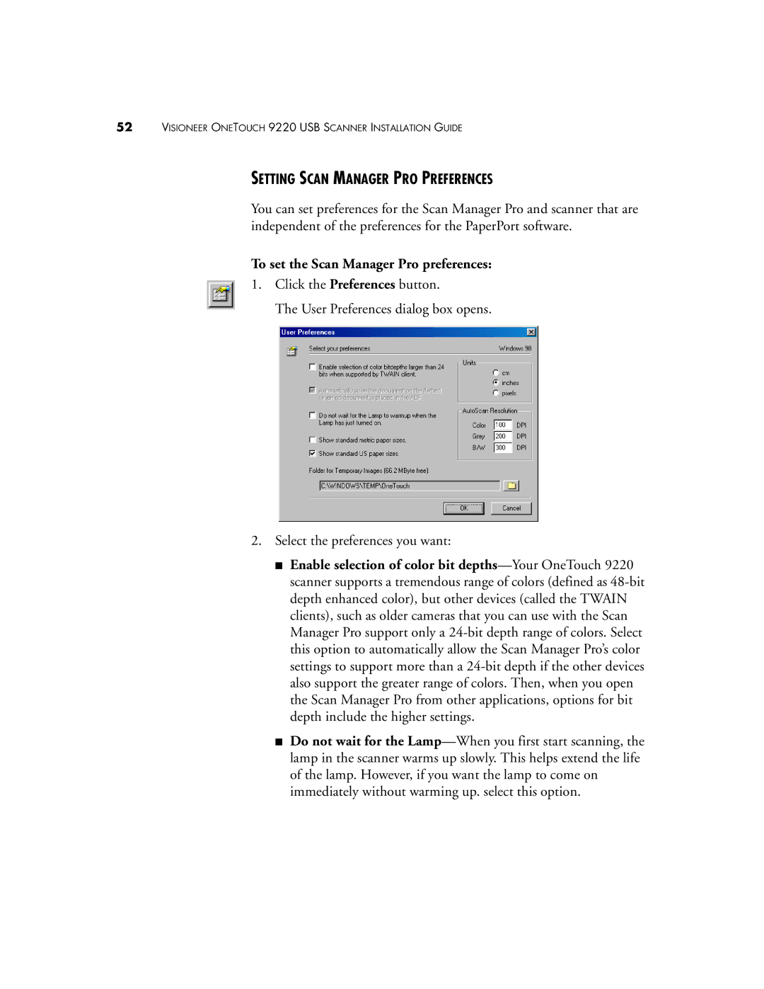 Visioneer 9220 manual Setting Scan Manager PRO Preferences, To set the Scan Manager Pro preferences 