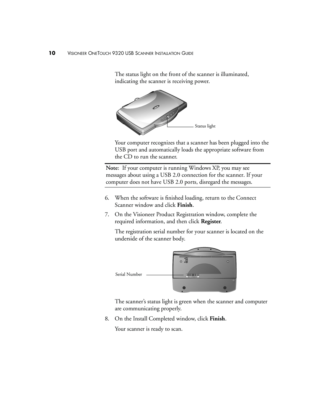 Visioneer manual Status light, Serial Number, VISIONEER ONETOUCH 9320 USB SCANNER INSTALLATION GUIDE 