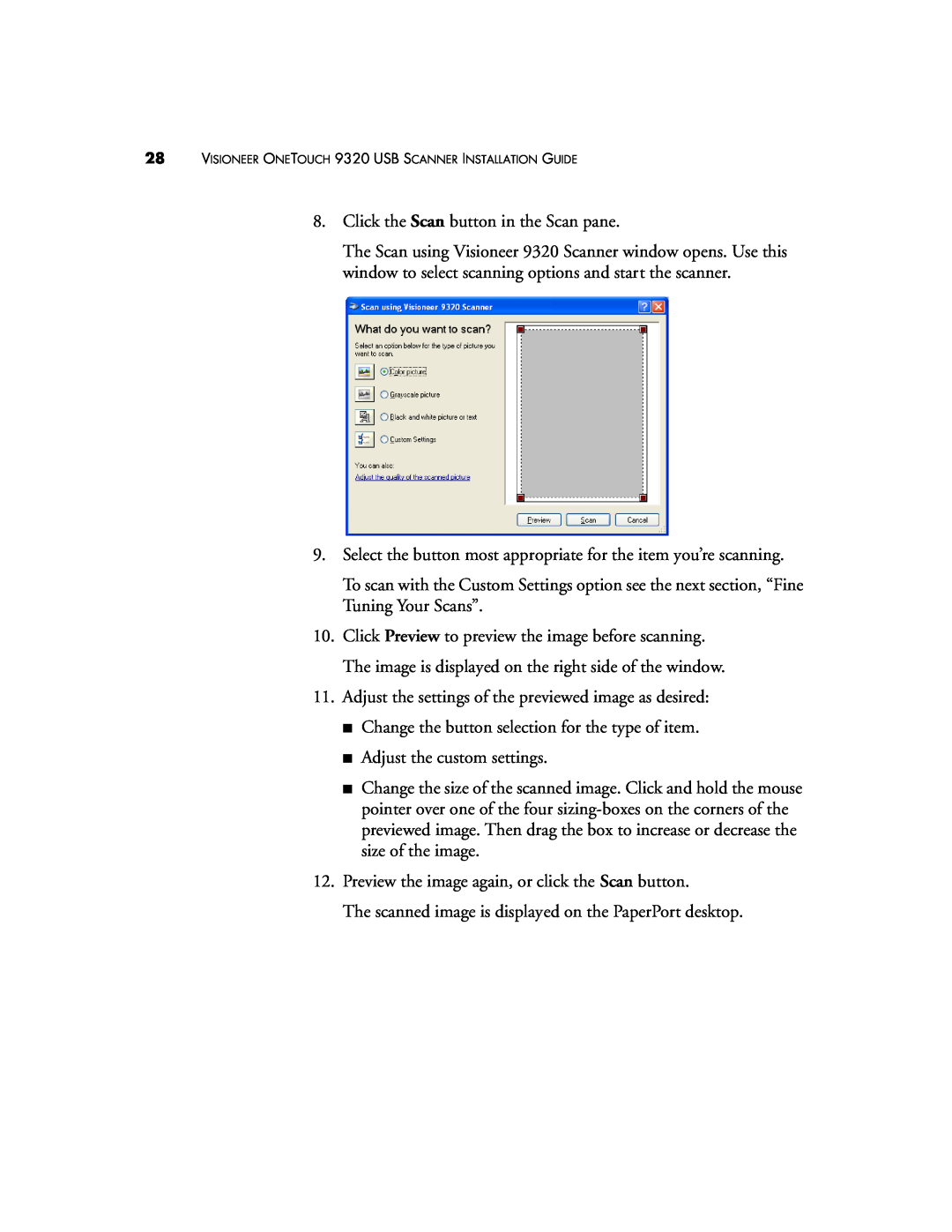Visioneer manual VISIONEER ONETOUCH 9320 USB SCANNER INSTALLATION GUIDE 