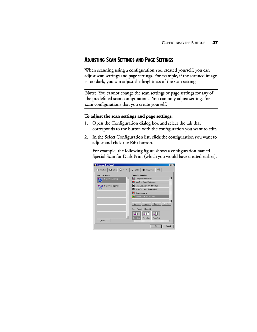Visioneer 9320 manual Adjusting Scan Settings And Page Settings, To adjust the scan settings and page settings 