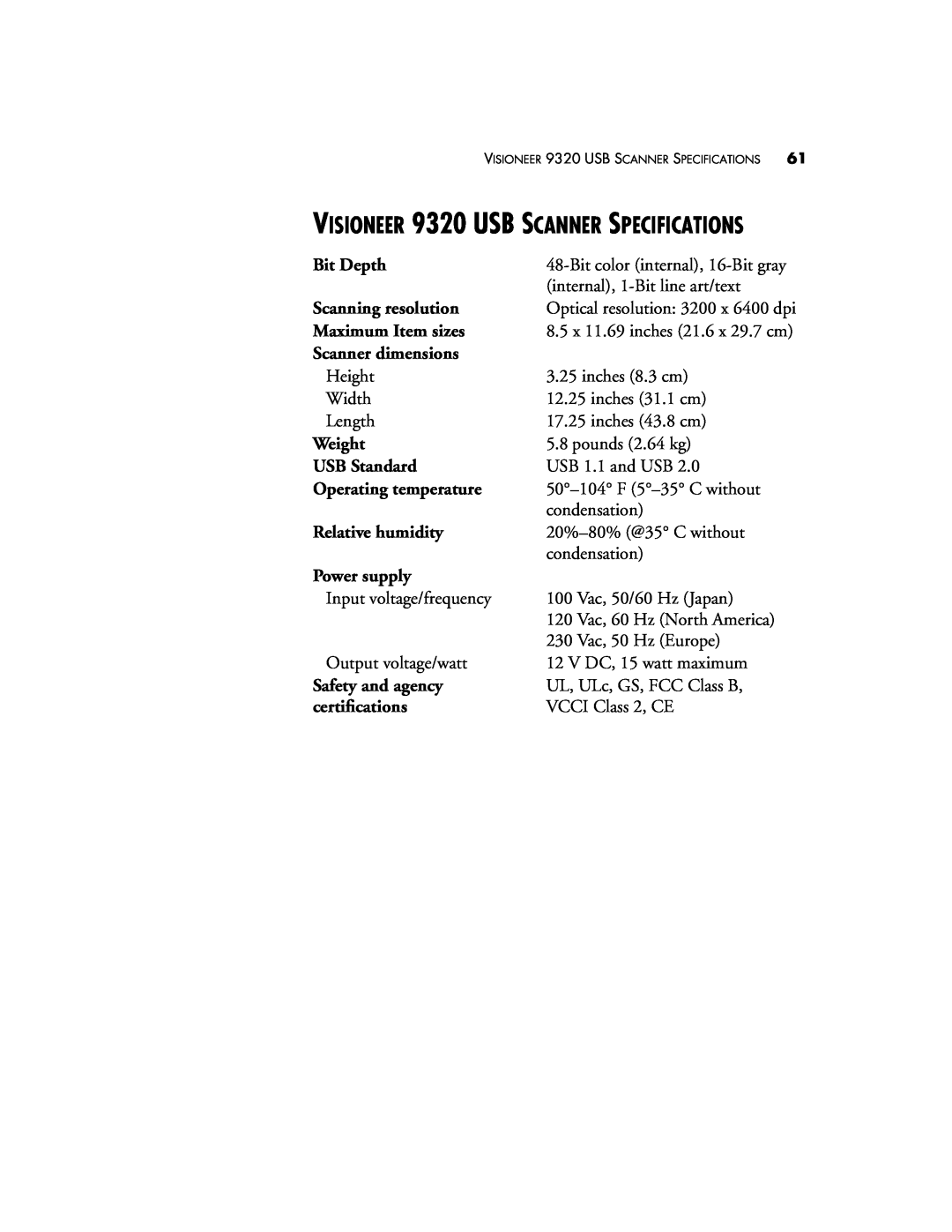Visioneer manual VISIONEER 9320 USB SCANNER SPECIFICATIONS 