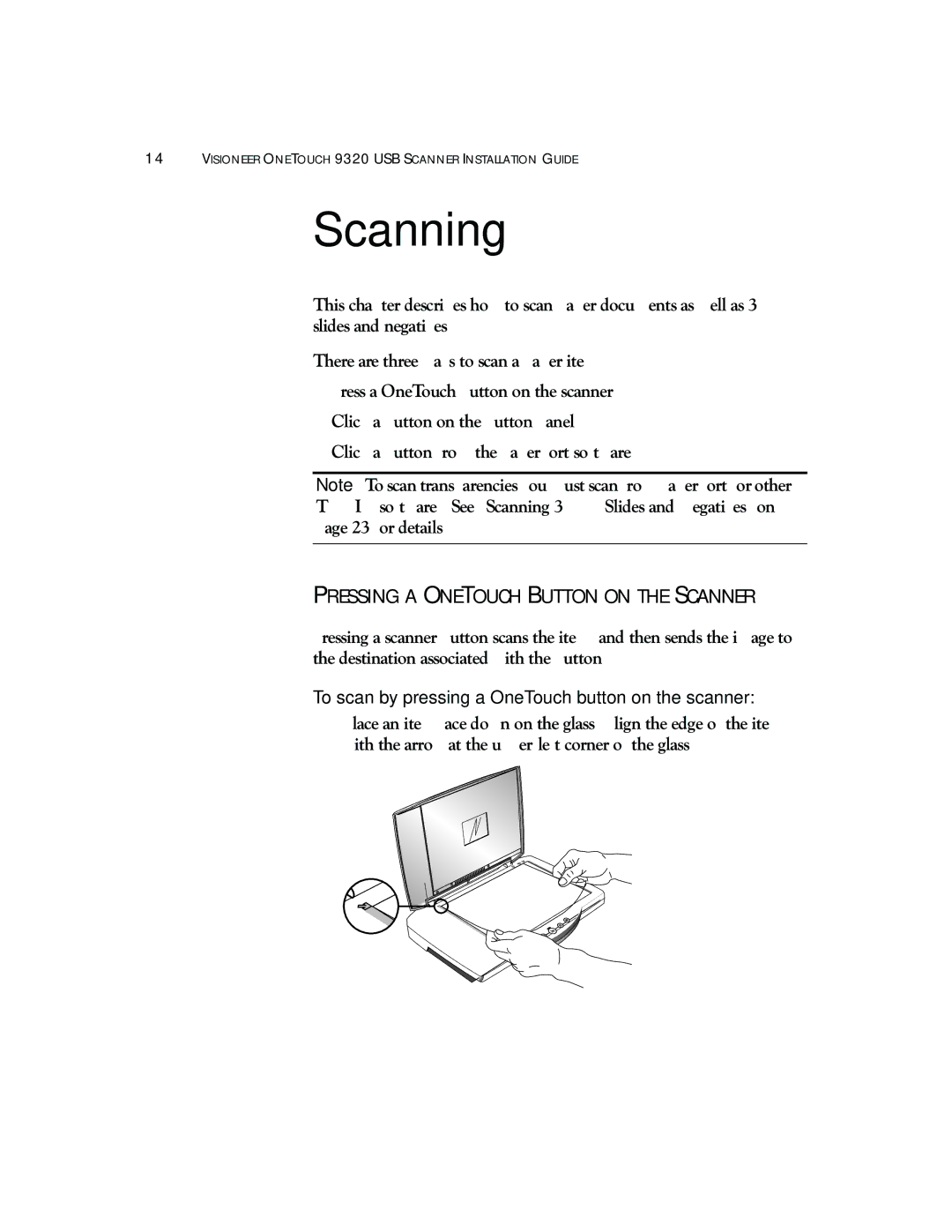 Visioneer 9320 manual Scanning, To scan by pressing a OneTouch button on the scanner 