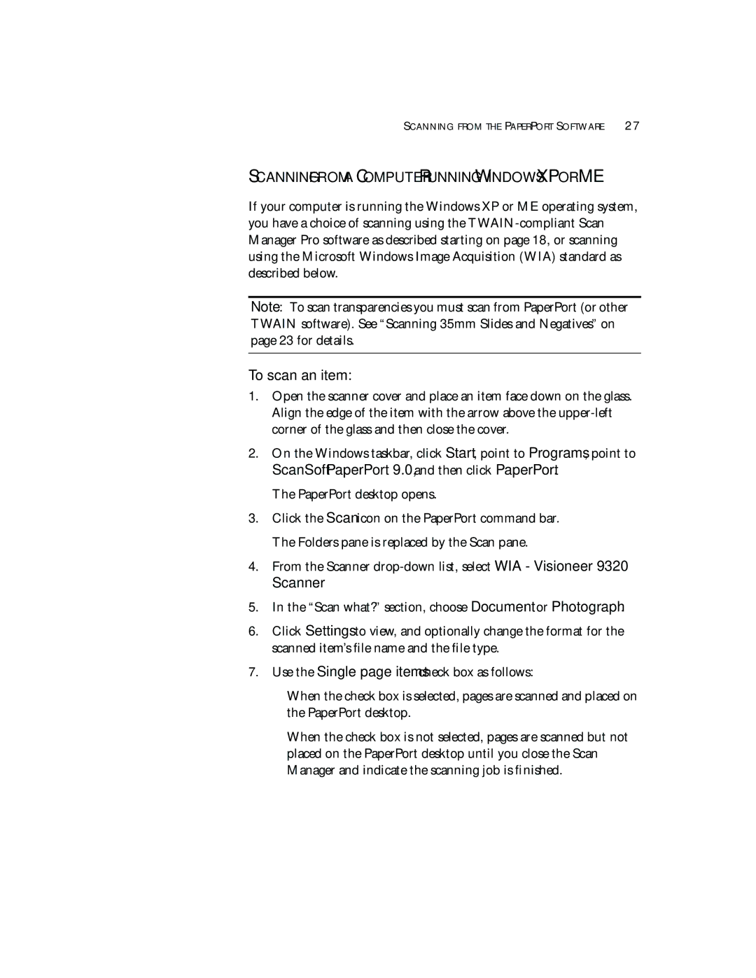 Visioneer 9320 manual Scanning from a Computer Running Windows XP or ME, To scan an item 
