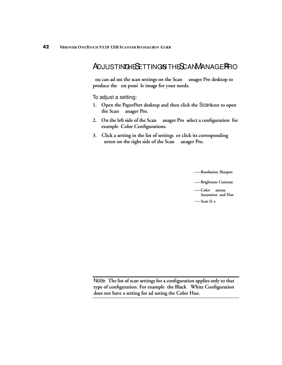 Visioneer 9320 manual Adjusting the Settings in the Scan Manager PRO, To adjust a setting 