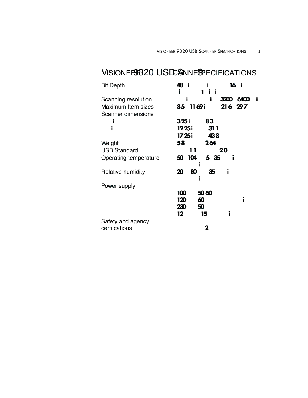 Visioneer manual Visioneer 9320 USB Scanner Specifications 