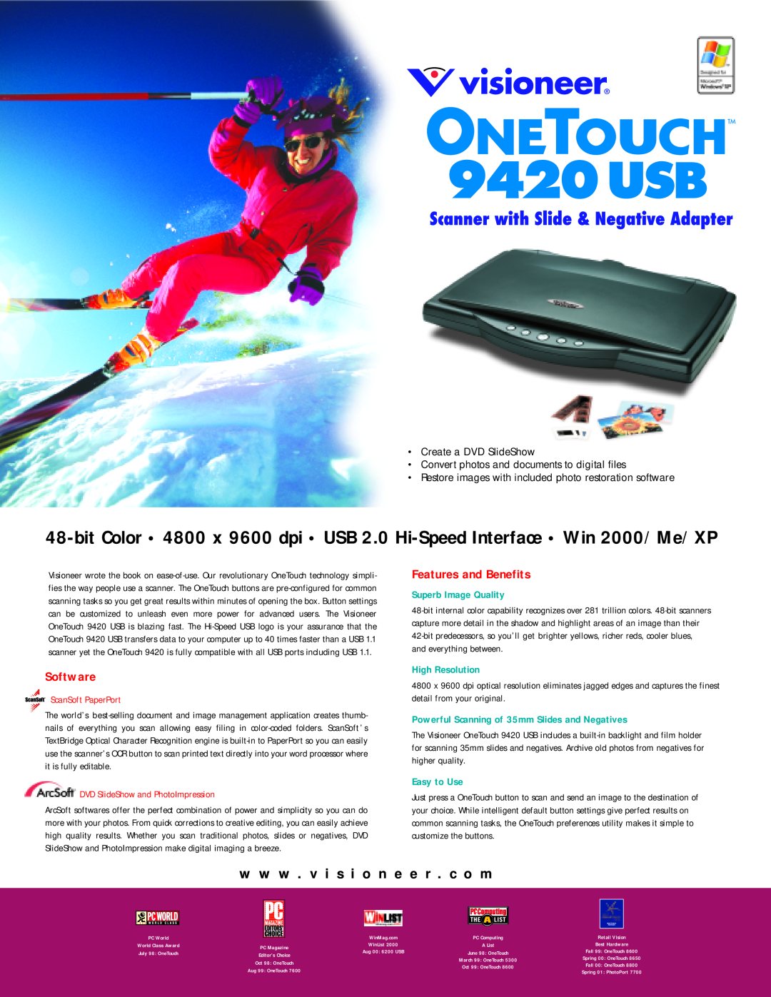 Visioneer 9420 USB manual Software, Features and Benefits, w w w . v i s i o n e e r . c o m, ScanSoft PaperPort 