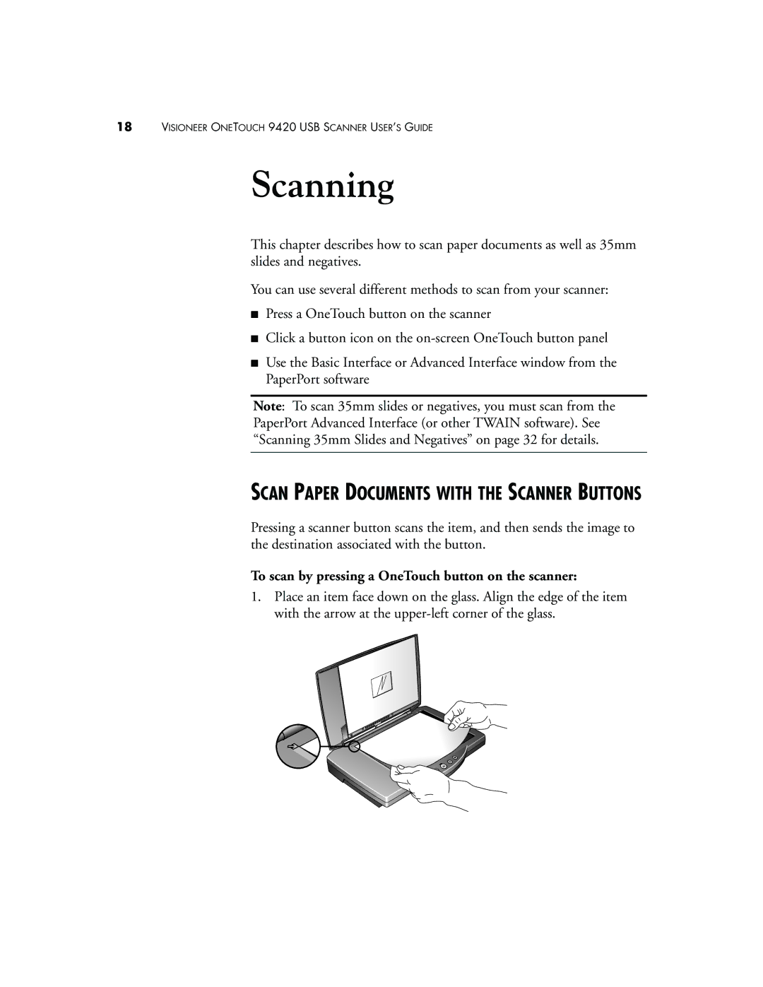 Visioneer 9420 manual Scan Paper Documents with the Scanner Buttons, To scan by pressing a OneTouch button on the scanner 