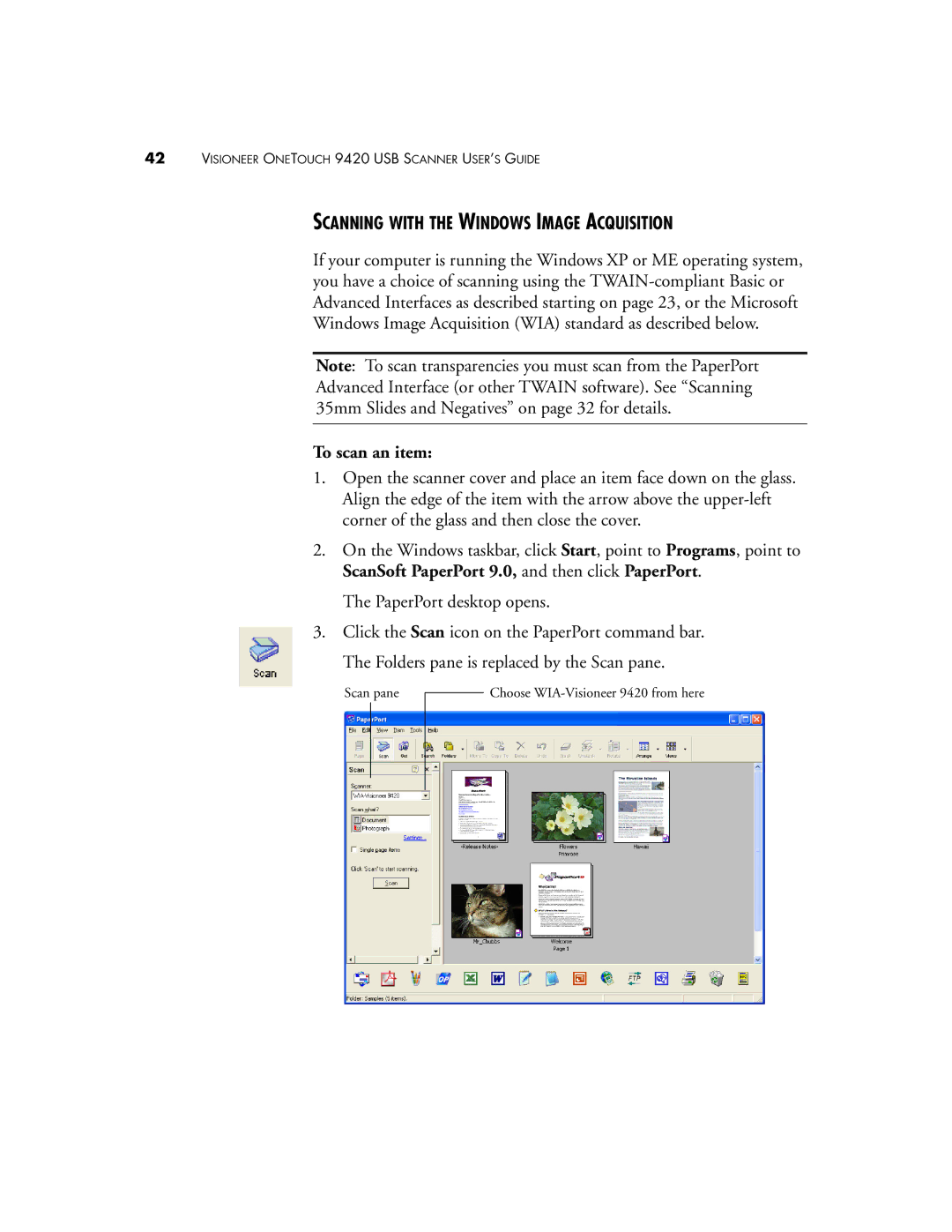 Visioneer 9420 manual Scanning with the Windows Image Acquisition, To scan an item 