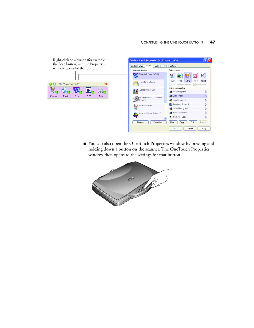 Visioneer 9420 manual Configuring the Onetouch Buttons 