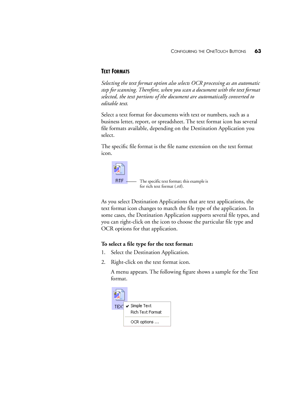 Visioneer 9420 manual To select a ﬁle type for the text format 