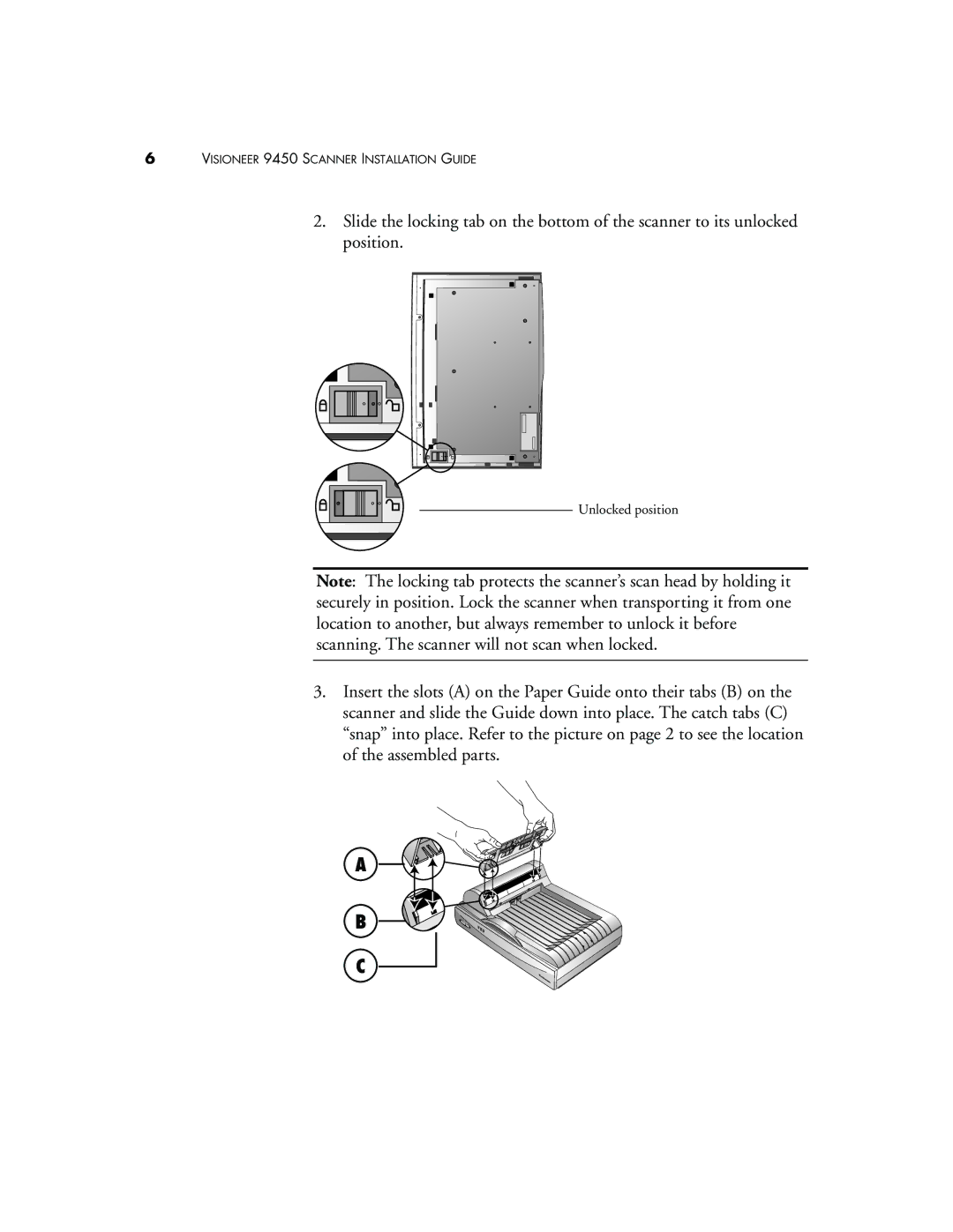 Visioneer 9450 manual Unlocked position 