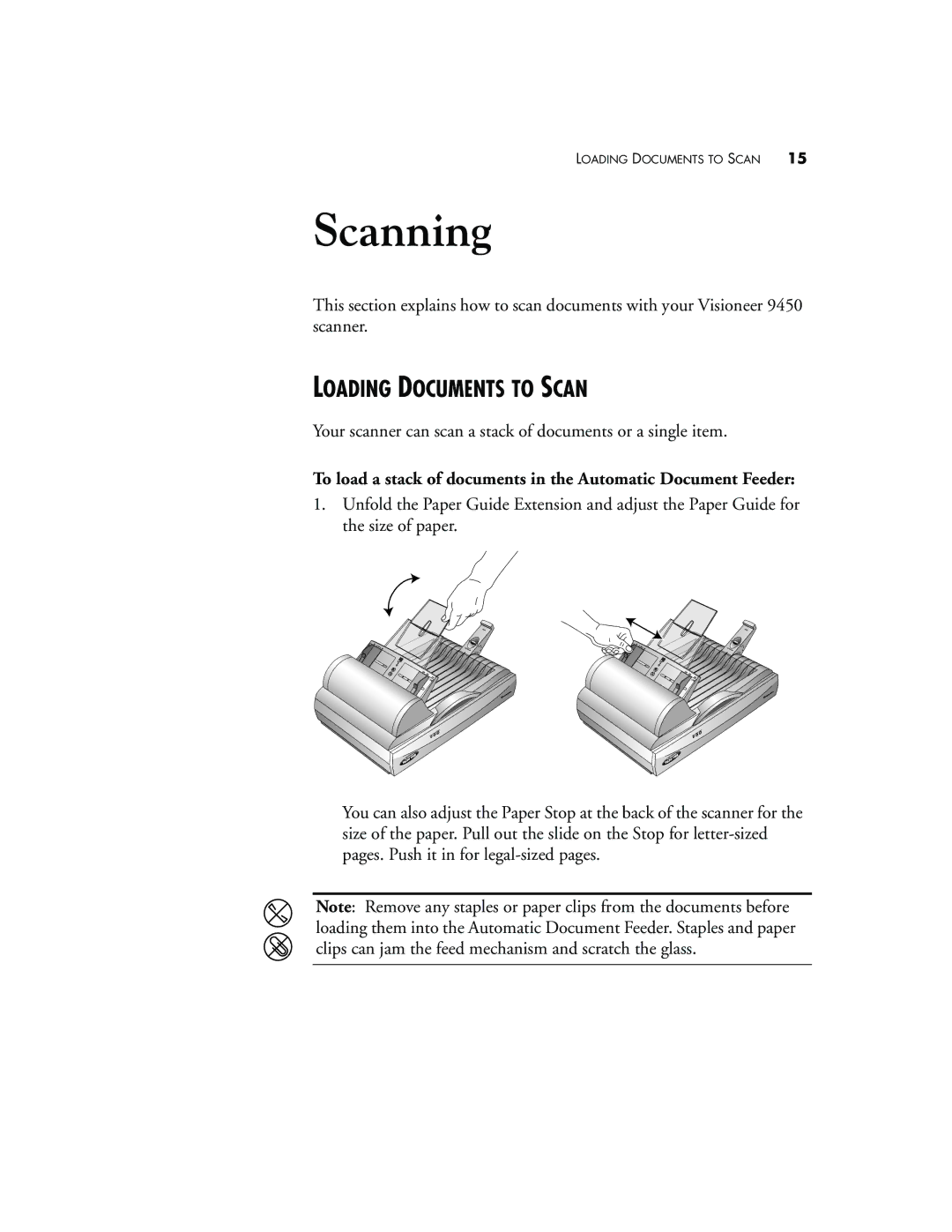 Visioneer 9450 manual Scanning, Loading Documents to Scan 