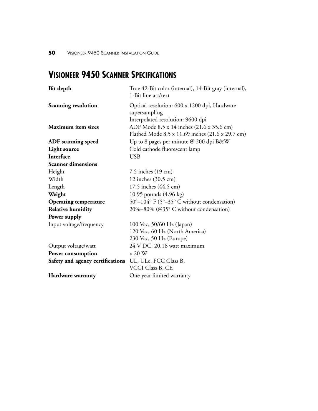 Visioneer manual Visioneer 9450 Scanner Specifications 