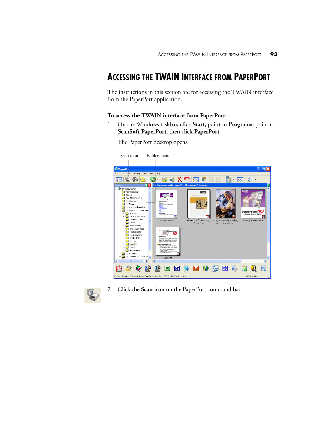 Visioneer 9650 manual Accessing the Twain Interface from Paperport, To access the Twain interface from PaperPort 