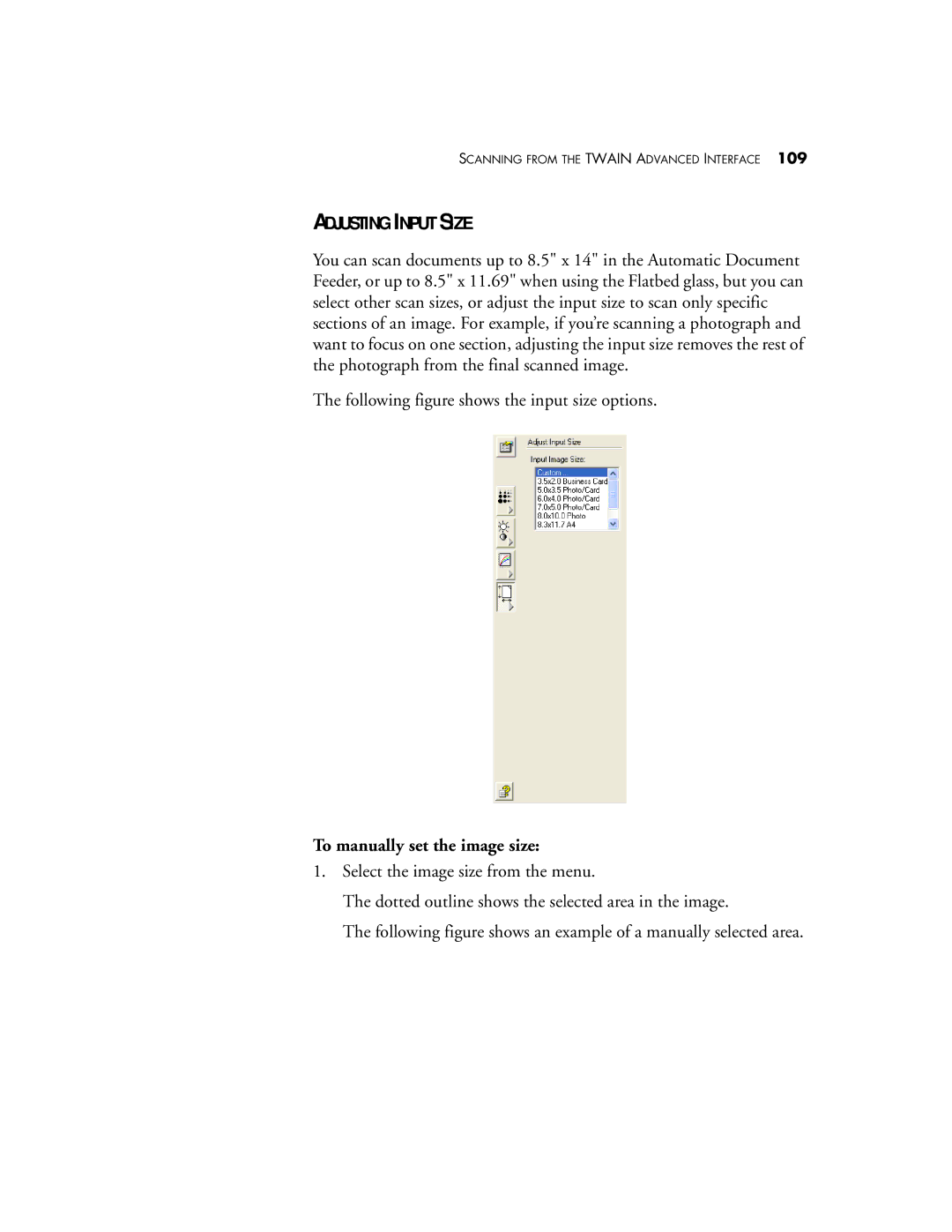 Visioneer 9650 Adjusting Input Size, To manually set the image size 