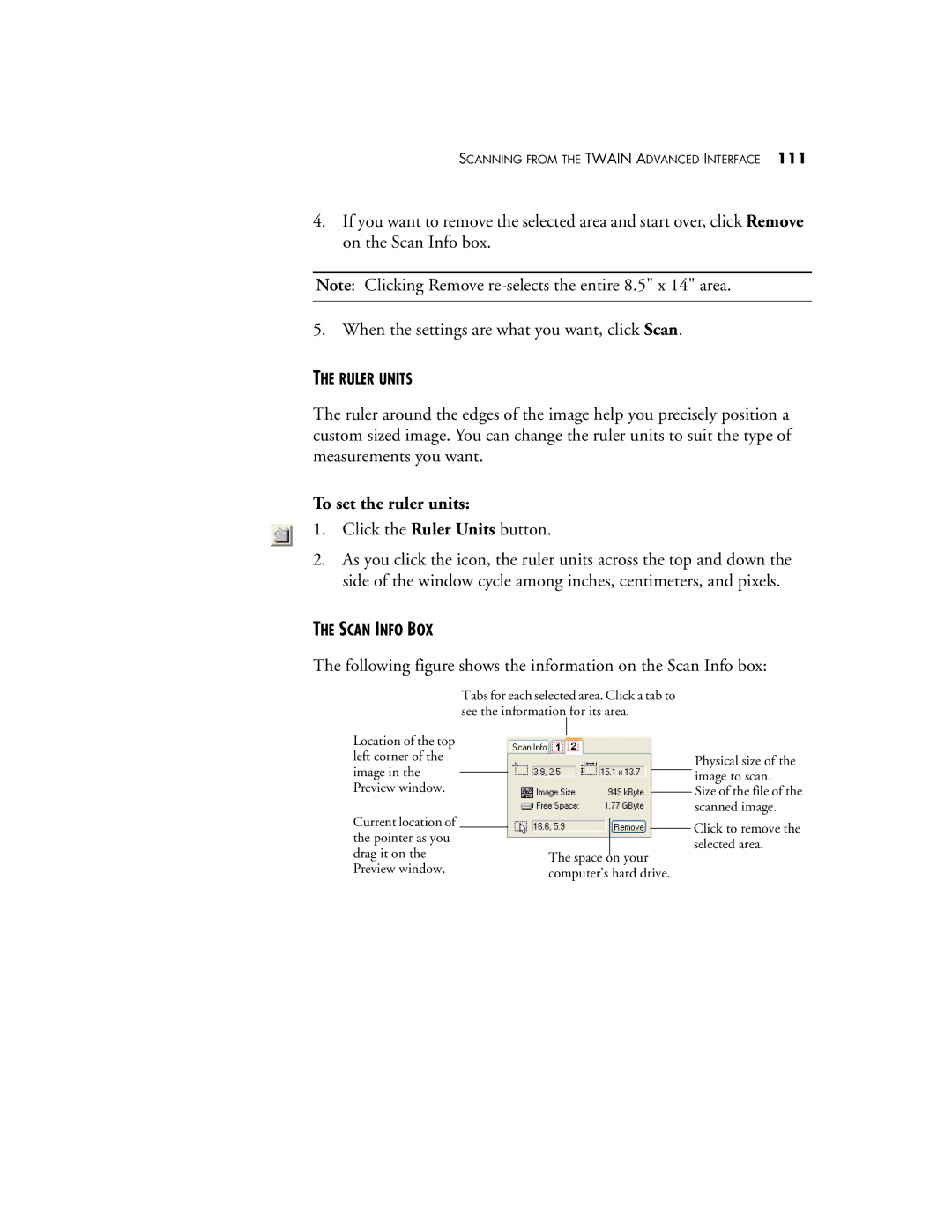 Visioneer 9650 manual To set the ruler units, Following figure shows the information on the Scan Info box 