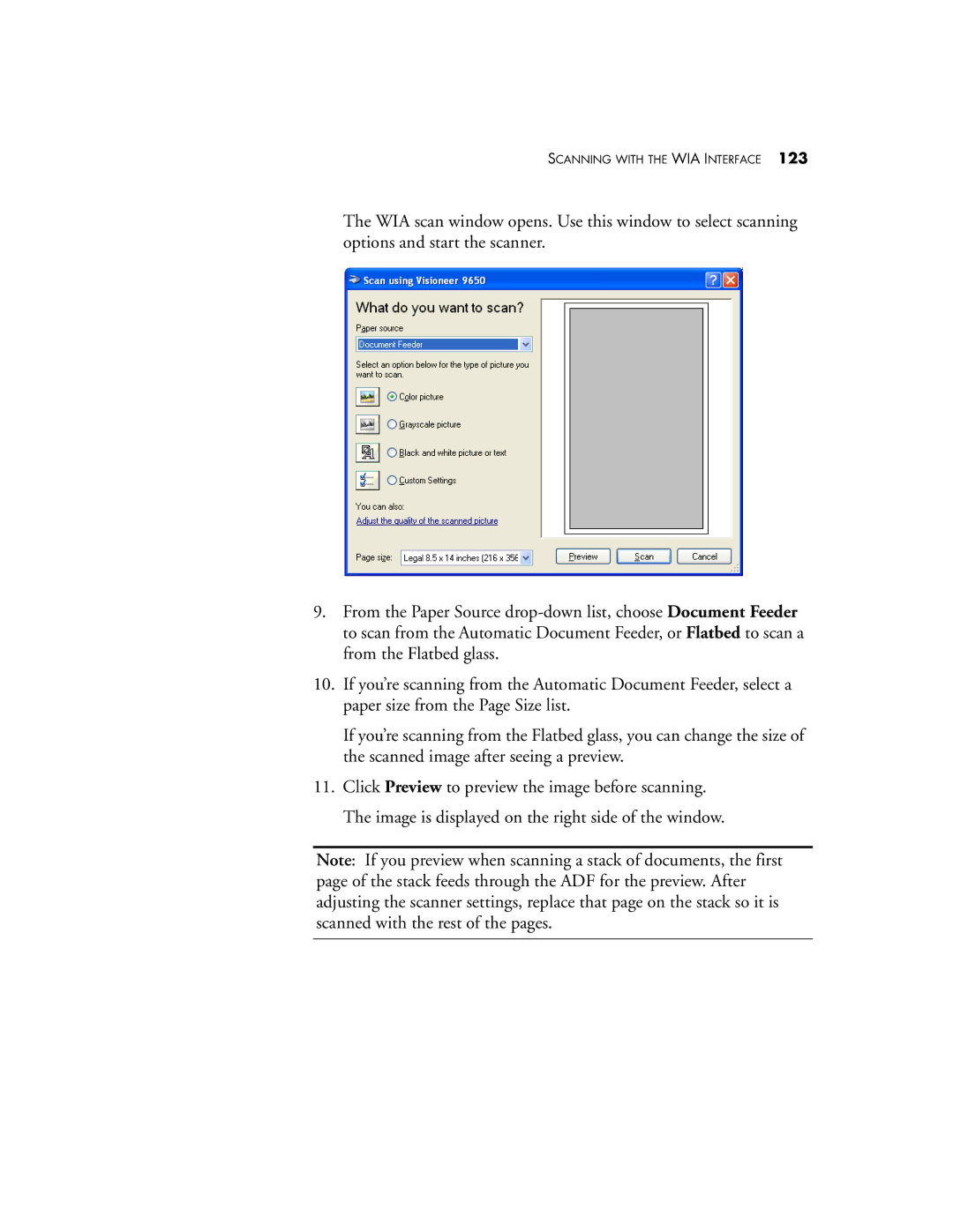 Visioneer 9650 manual Scanning with the WIA Interface 