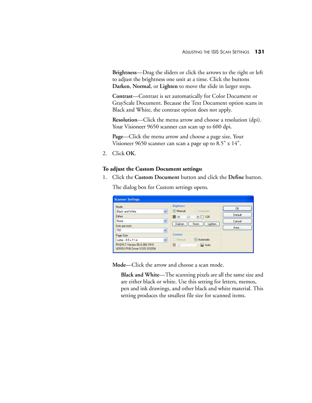 Visioneer 9650 manual To adjust the Custom Document settings 