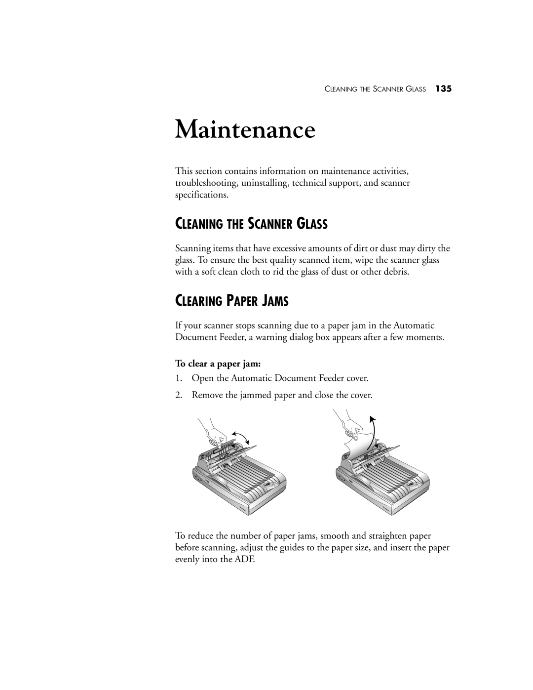Visioneer 9650 manual Cleaning the Scanner Glass, Clearing Paper Jams, To clear a paper jam 