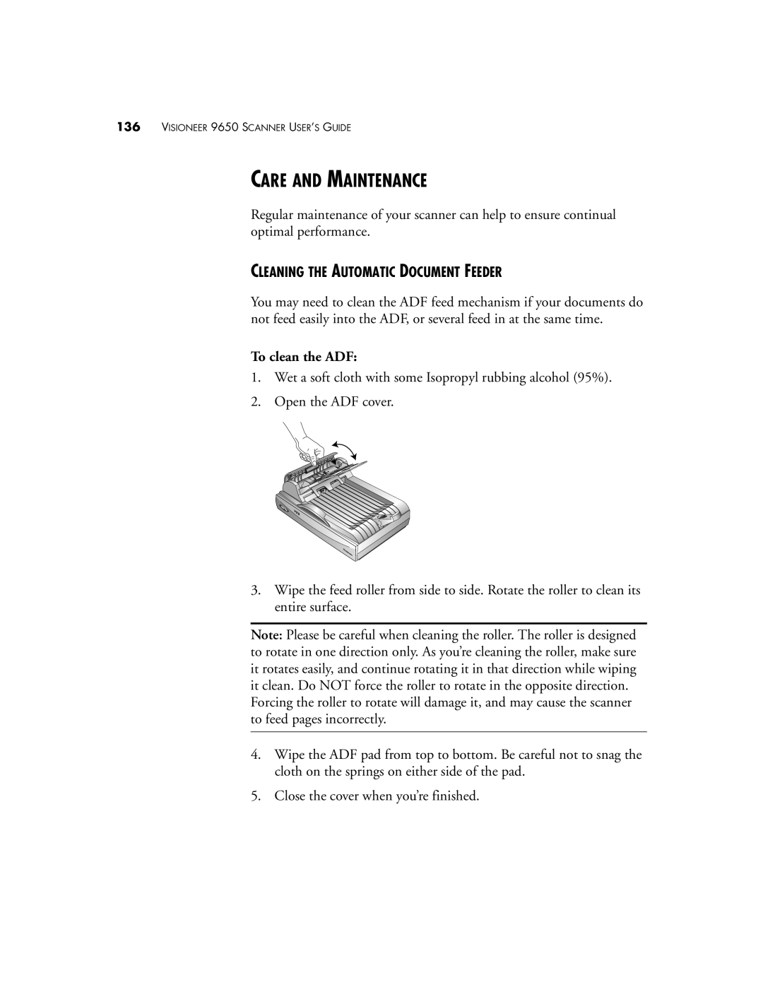 Visioneer 9650 manual Care and Maintenance, Cleaning the Automatic Document Feeder, To clean the ADF 