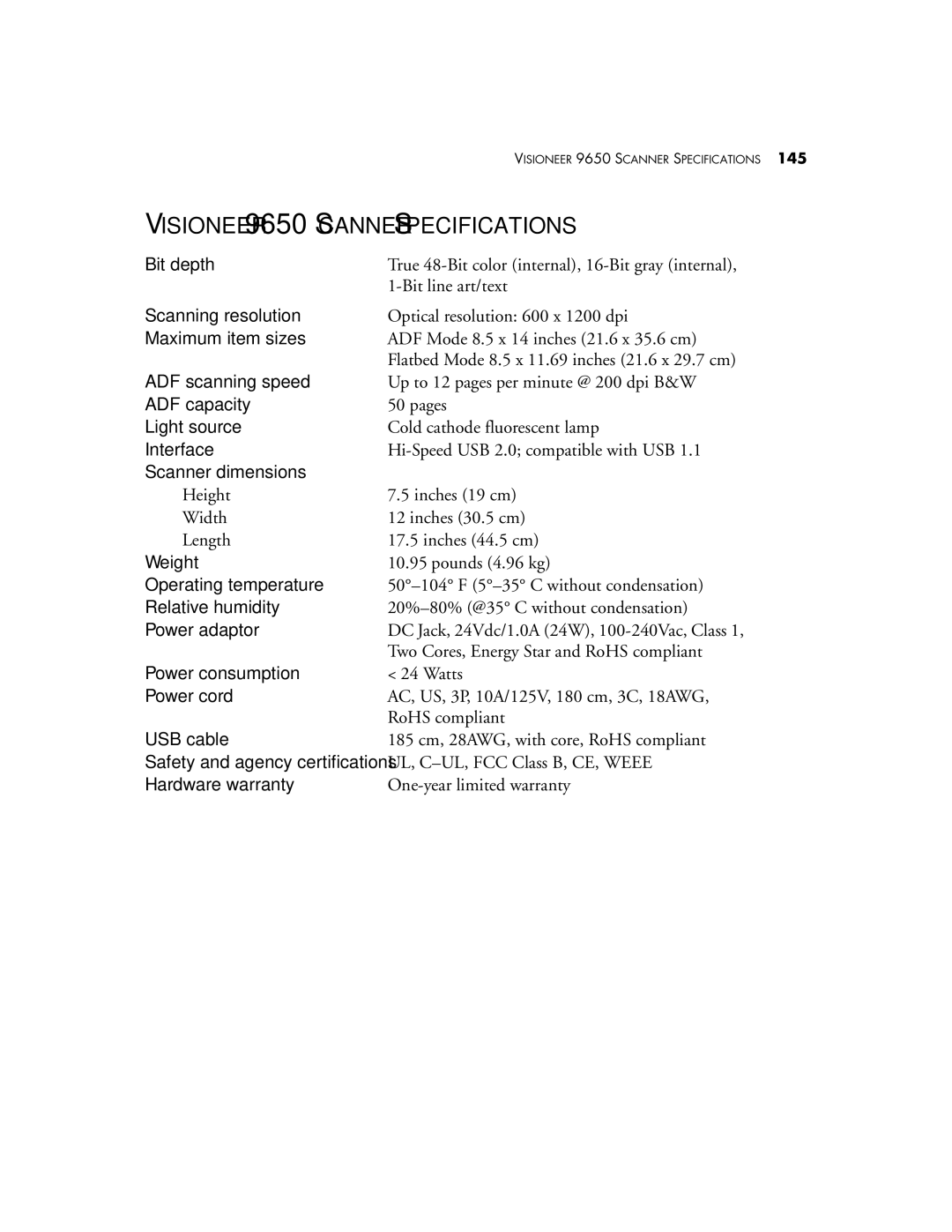 Visioneer manual Visioneer 9650 Scanner Specifications 