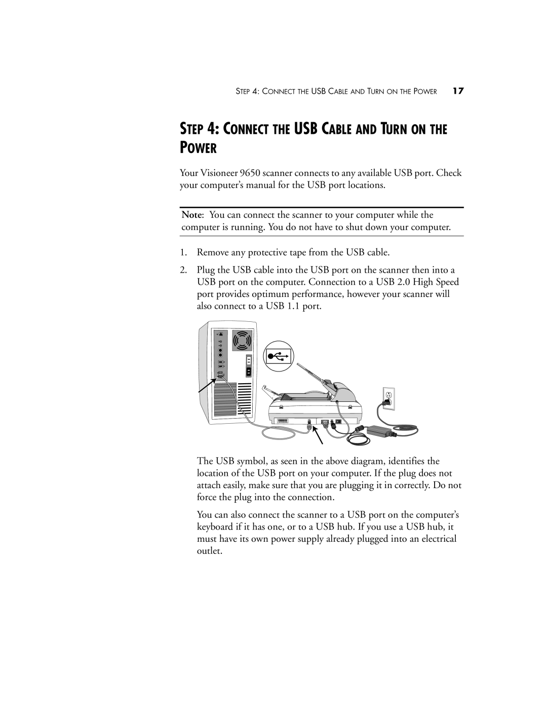 Visioneer 9650 manual Connect the USB Cable and Turn on the Power 