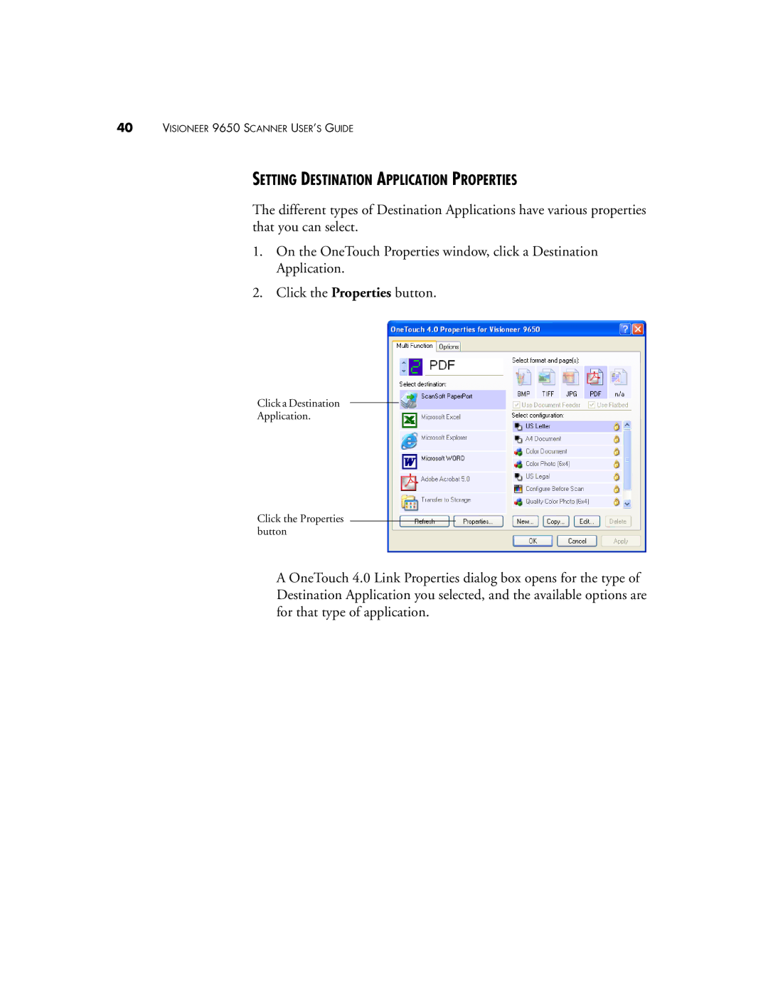 Visioneer 9650 manual Setting Destination Application Properties 