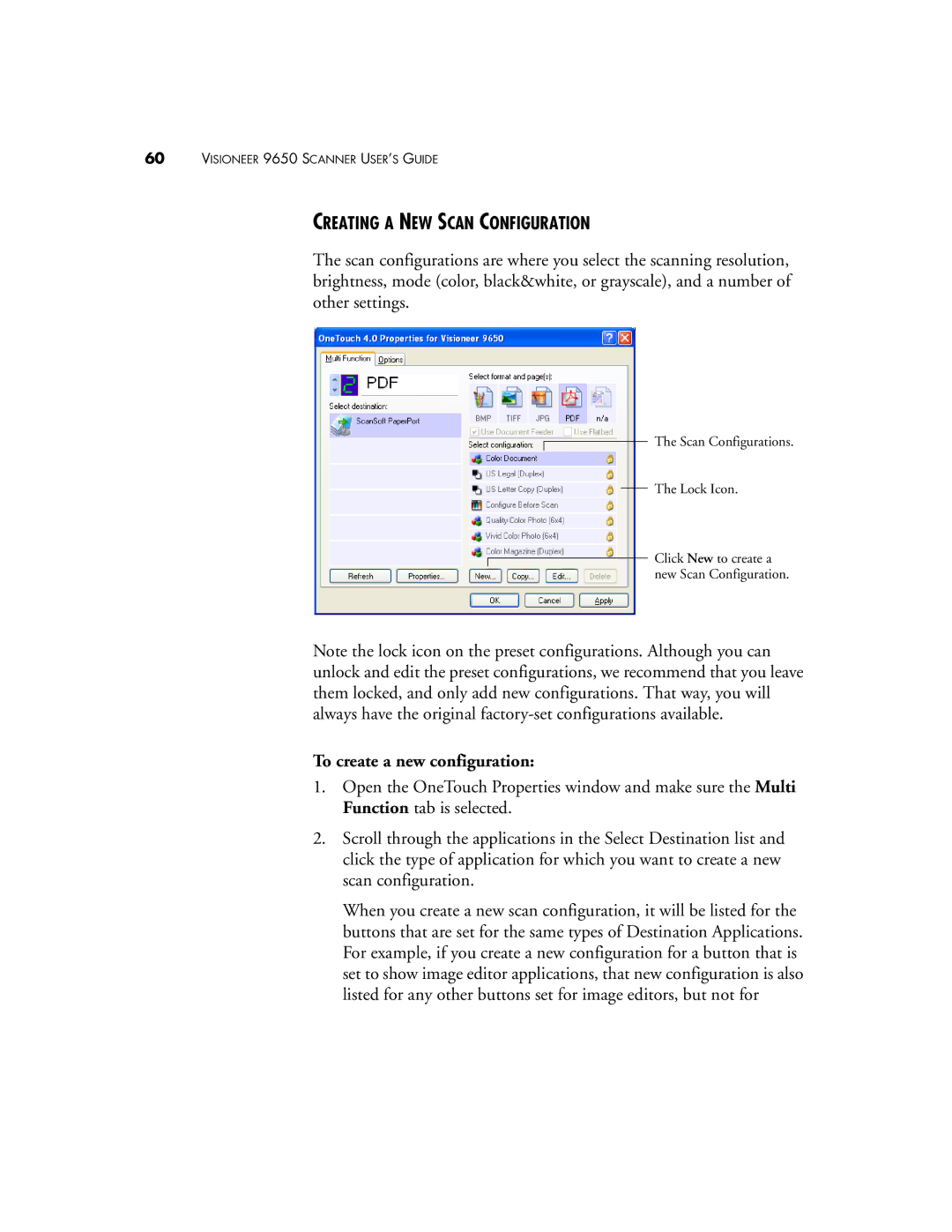 Visioneer 9650 manual Creating a NEW Scan Configuration, To create a new configuration 