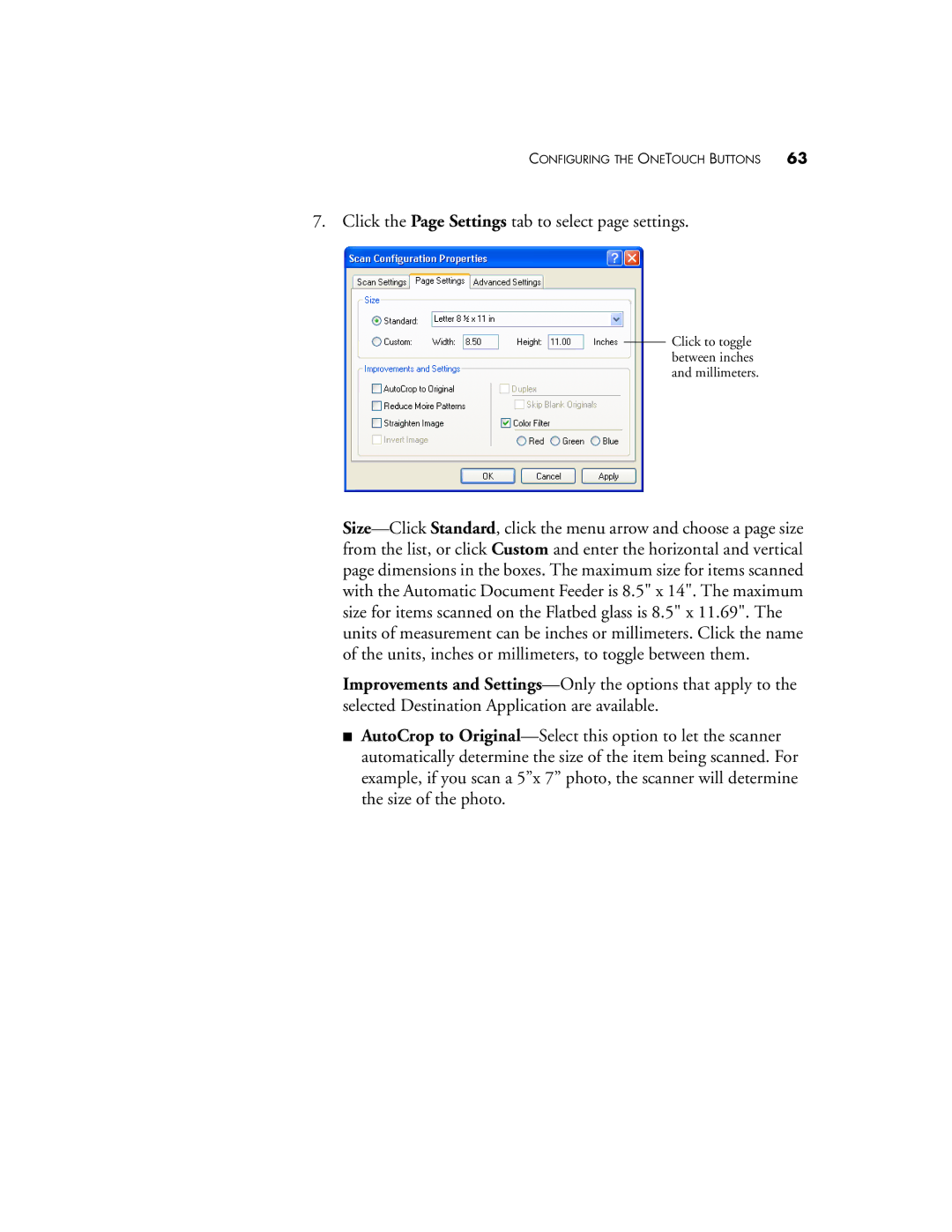 Visioneer 9650 manual Click the Page Settings tab to select page settings 