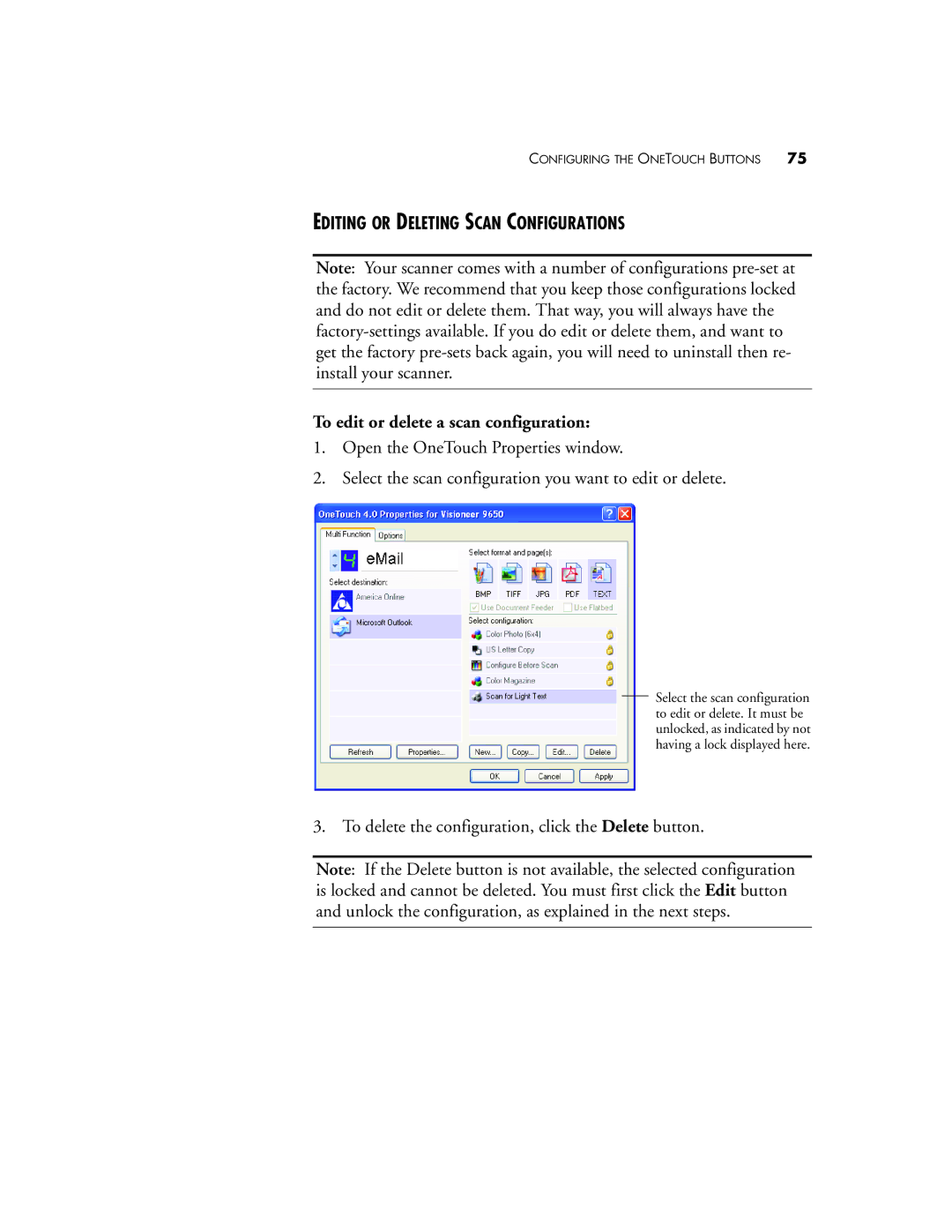 Visioneer 9650 manual Editing or Deleting Scan Configurations, To edit or delete a scan configuration 