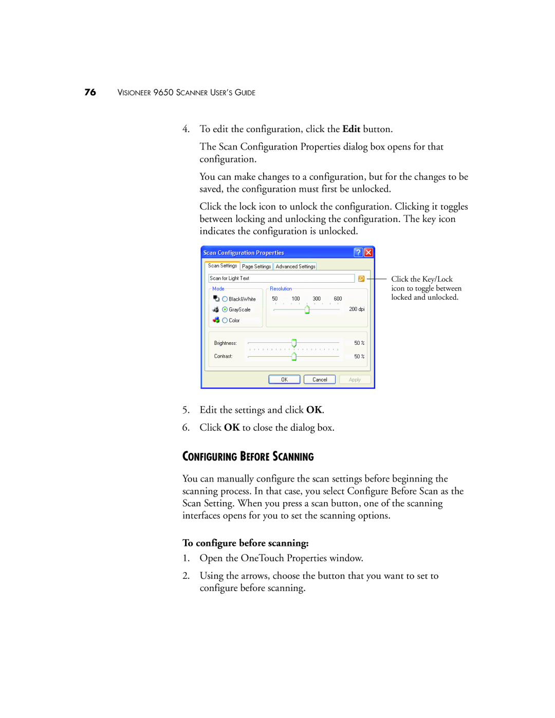 Visioneer 9650 manual Configuring Before Scanning, To configure before scanning 